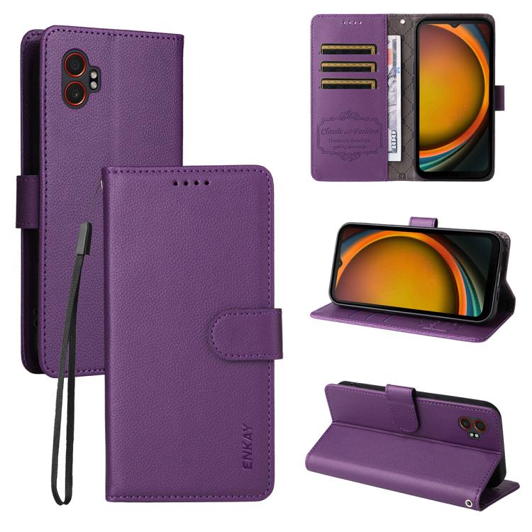 ENKAY - Funda de piel con textura de lichi y funciĂłn atril para Samsung Galaxy Xcover7 Pro (morado)