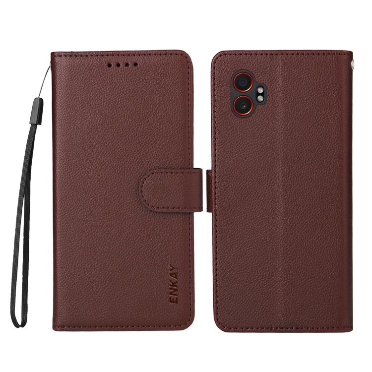 ENKAY - Funda de piel con textura de lichi y funciĂłn atril para Samsung Galaxy Xcover7 Pro (marrĂłn)