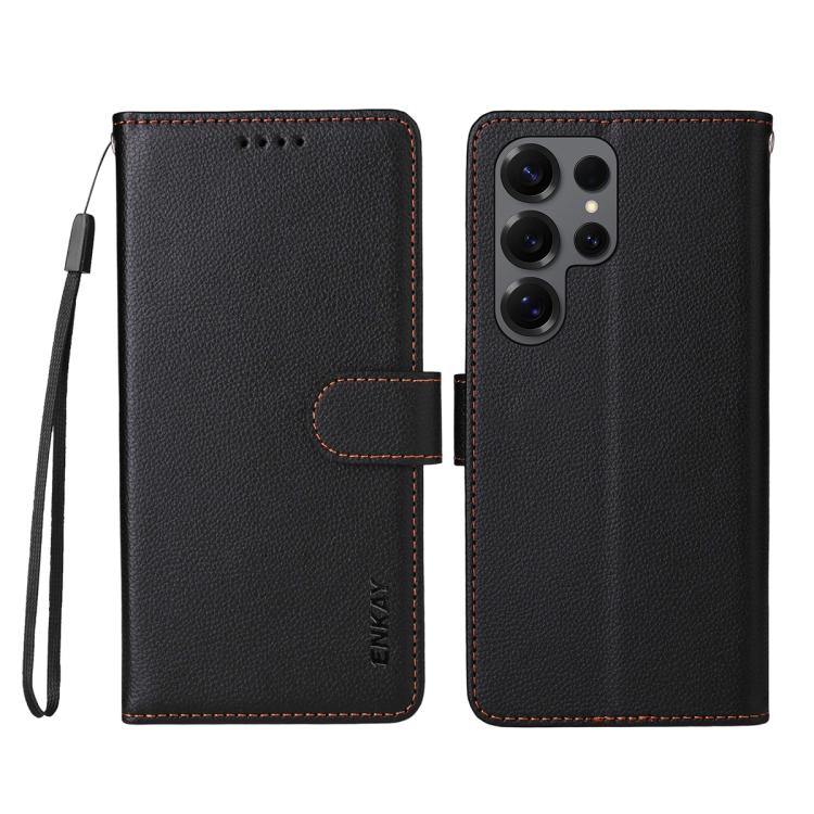 ENKAY - Funda de piel con textura de lichi y funciĂłn atril para Samsung Galaxy S24 Ultra 5G (negro)