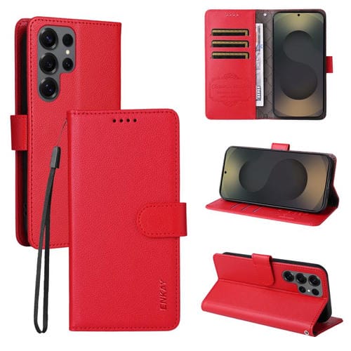 ENKAY - Funda de piel con textura de lichi y función atril para Samsung Galaxy S24 Ultra 5G (roja)