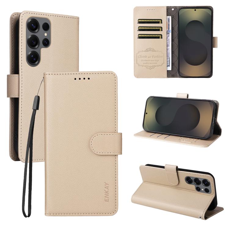 ENKAY - Funda de piel con textura de lichi y funciĂłn atril para Samsung Galaxy S24 Ultra 5G (beige)