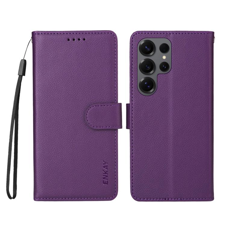 ENKAY - Funda de piel con textura de lichi y funciĂłn atril para Samsung Galaxy S24 Ultra 5G (morado)