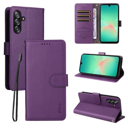 ENKAY - Funda de piel con textura de lichi y función atril para Samsung Galaxy A17 5G / A26 5G / A16 (morado)