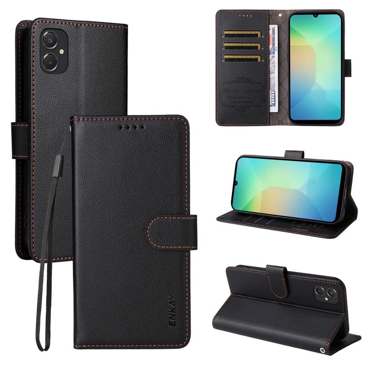 ENKAY - Funda de piel con textura de lichi y función atril para Samsung Galaxy A06 4G/5G (negro)