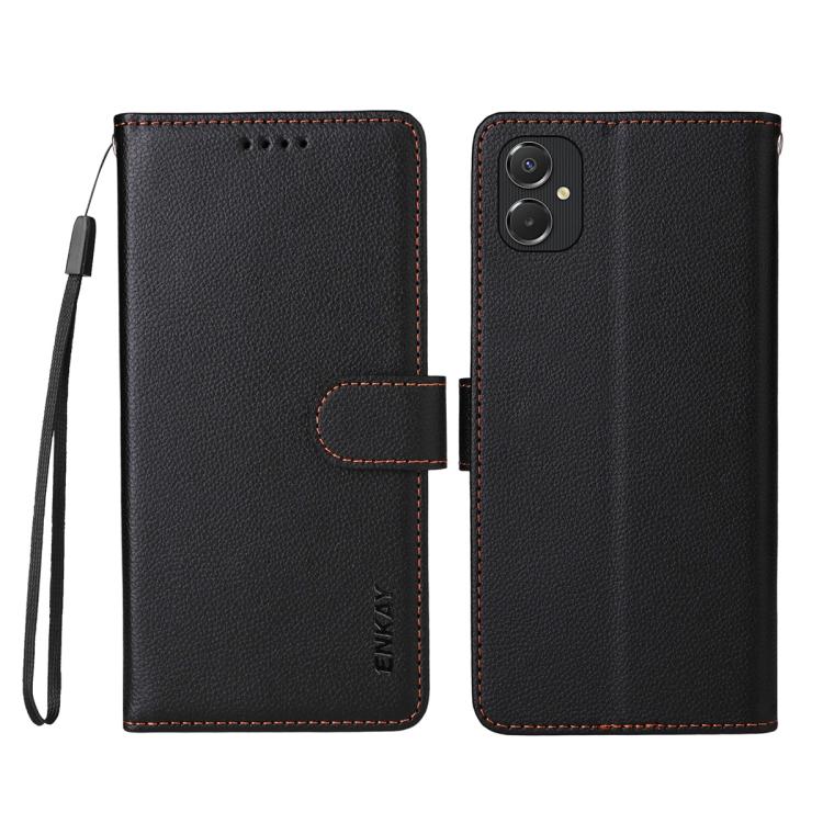 ENKAY - Funda de piel con textura de lichi y función atril para Samsung Galaxy A06 4G/5G (negro)