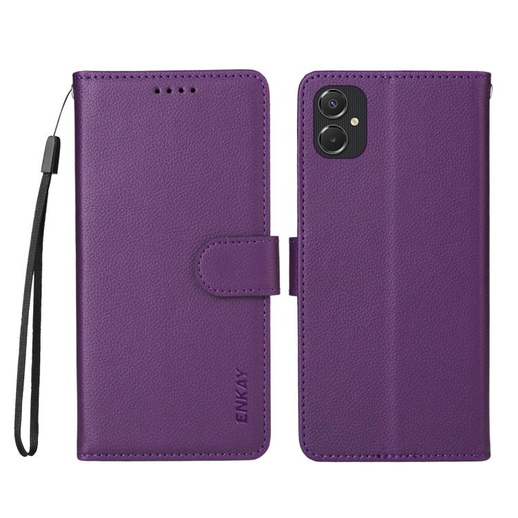 ENKAY - Funda de piel con textura de lichi y función atril para Samsung Galaxy A06 4G/5G (morado)