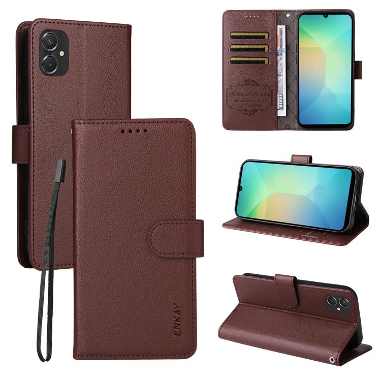 ENKAY - Funda de piel con textura de lichi y función atril para Samsung Galaxy A06 4G/5G (marrón)