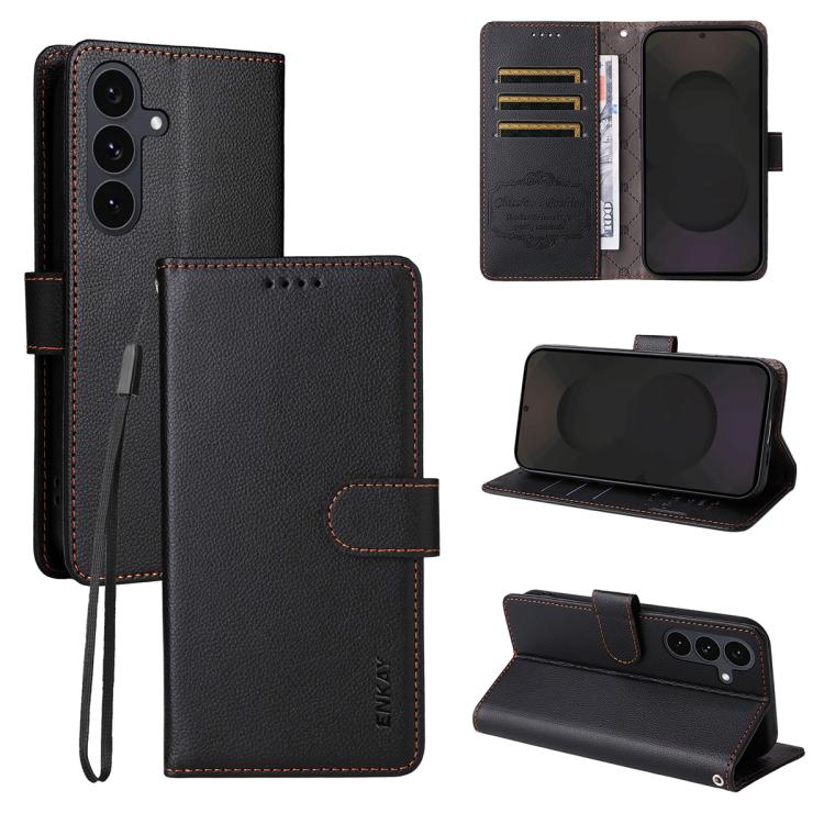 ENKAY - Funda de piel con textura de lichi y funciĂłn atril para Samsung Galaxy S25/S24 5G (negro)