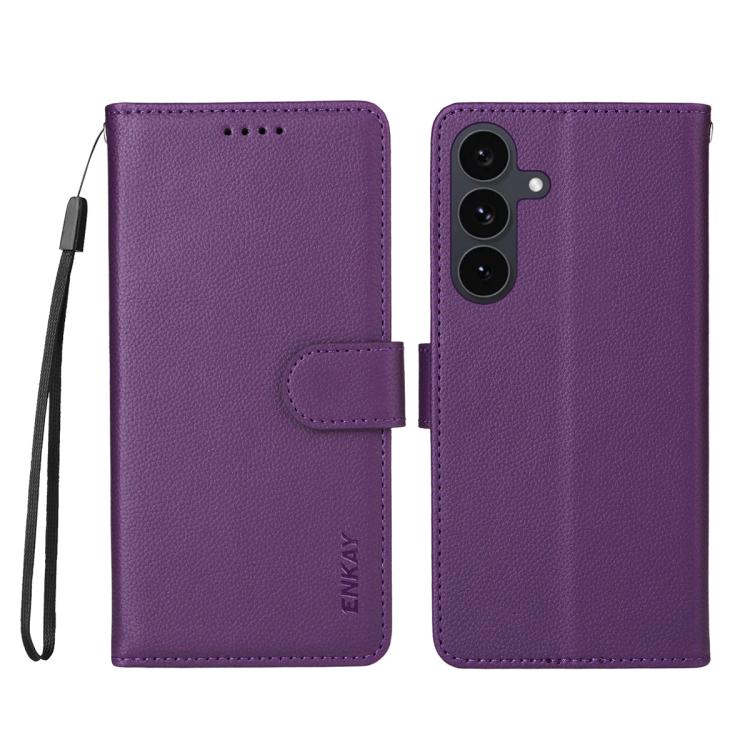 ENKAY - Funda de piel con textura de lichi y funciĂłn atril para Samsung Galaxy S25/S24 5G (morado)