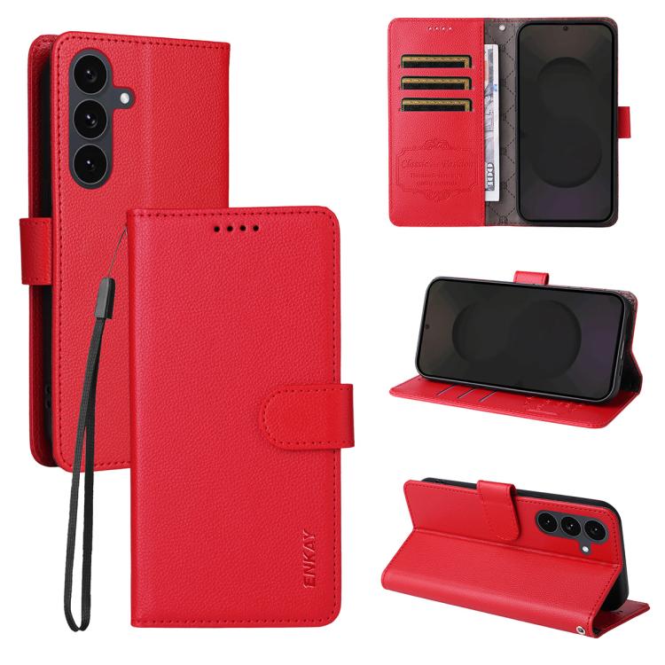 ENKAY - Funda de piel con textura de lichi y funciĂłn atril para Samsung Galaxy S25+ / S24+ 5G (roja)