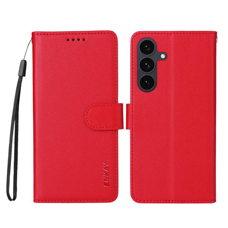 ENKAY - Funda de piel con textura de lichi y funciĂłn atril para Samsung Galaxy S25+ / S24+ 5G (roja)