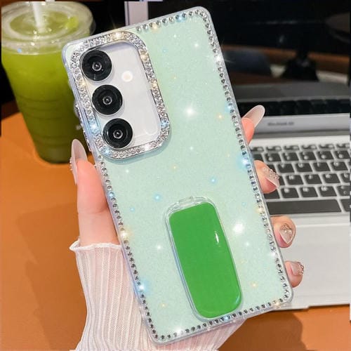 Funda de TPU con purpurina y diamantes de imitación para Samsung Galaxy A17 5G, anticaídas, con 4 esquinas y soporte (verde claro)