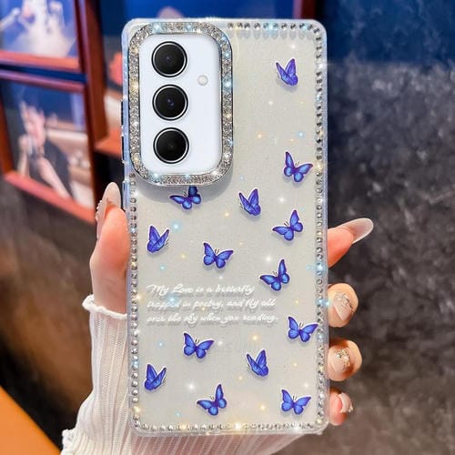 Funda a prueba de golpes con diseño de mariposa y brillo de diamante para Samsung Galaxy A55 5G (Mariposa azul B4)