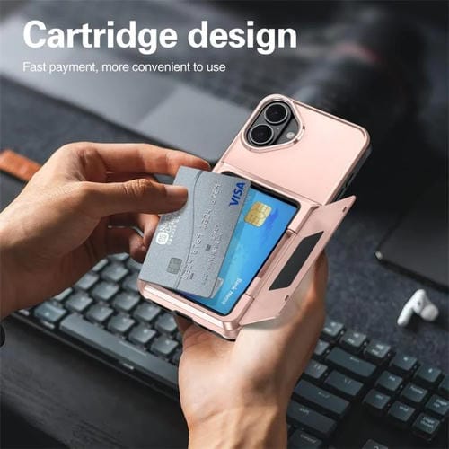 Funda abatible para iPhone 16 Plus con tarjetero, a prueba de golpes (oro rosa)