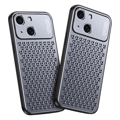 Funda hueca transpirable y refrescante de metal Kalebol para iPhone 15 (gris)