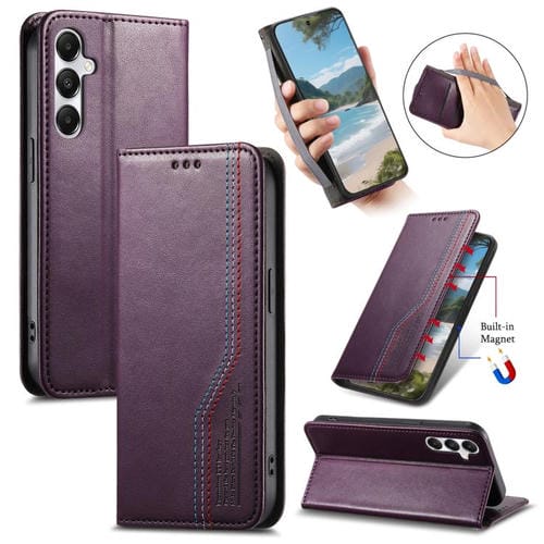 Funda de cuero con correa elástica y ventosa magnética para Samsung Galaxy A56 5G (morado)