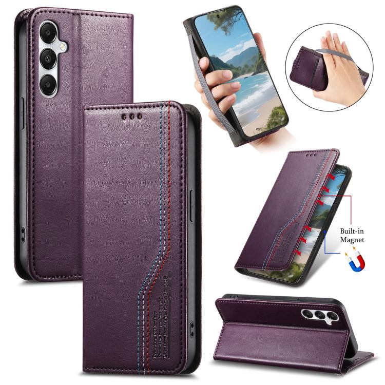 Funda de cuero con correa elástica y ventosa magnética para Samsung Galaxy A25 5G (morado)