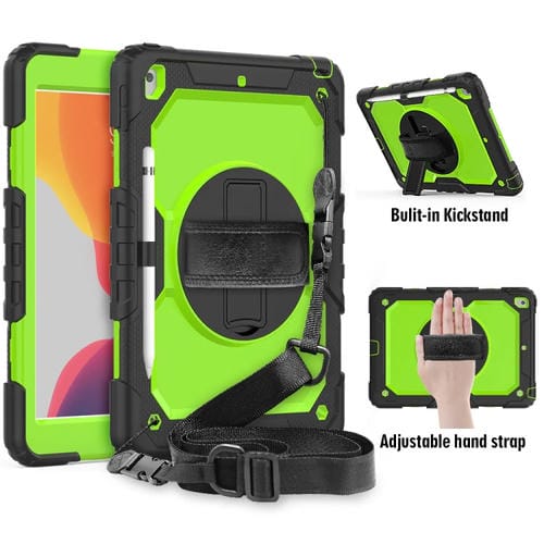 Funda Protectora para iPad 10.2 Gel de Sílice a Prueba de Golpes con Soporte Correa y Ranura para Bolígrafo (Negro + Verde)