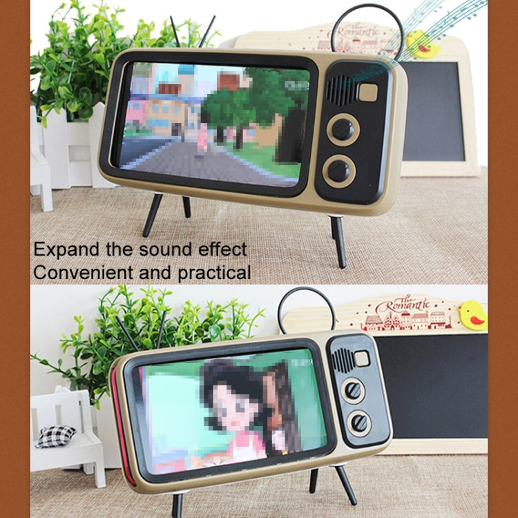 Soporte de Escritorio para Teléfono Móvil con Altavoz Bluetooth y Tv Pequeña Retro (Marrón)