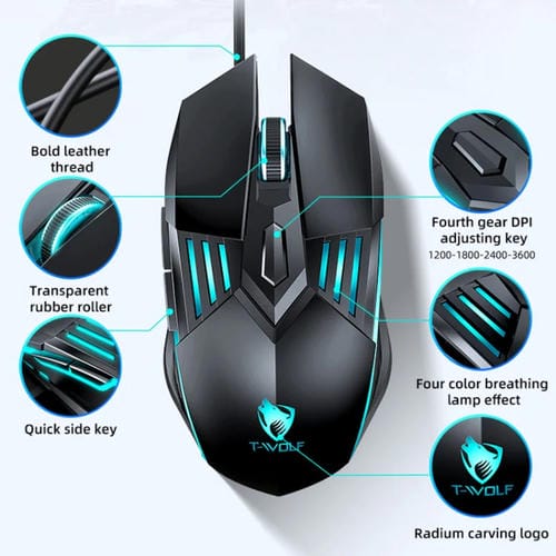Ratón Mecánico Silencioso T-Wolf G560 de 6 Teclas con Cable y Luz de Respiración (Negro)