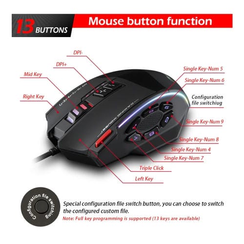 Ratón con Cable para Juegos Zelotes C13 con Macro y Efectos de Iluminación RGB de 13 Teclas (Negro)