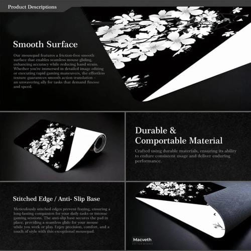 Alfombrilla de Ratón Antideslizante de Goma con Diseño de Flor de Cerezo y Pintura en Tinta 300 x 800 x 2 mm (Patrón 15)