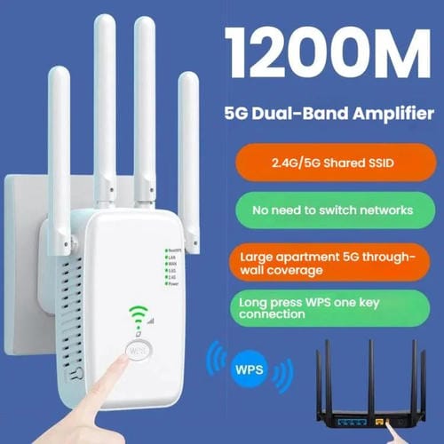 Repetidor Inalåmbrico Urant U11 1200 Mbps 2,4 G y 5,8 G Amplificador Señal WIFI Compatible WPS Enchufe Europeo (Blanco)