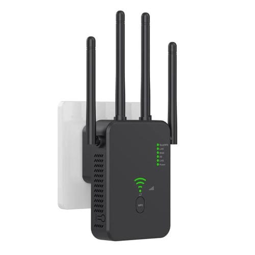Repetidor Inalåmbrico Urant U10 1200 Mbps 2,4 G y 5,8 G Amplificador Señal WIFI 4 Antenas Enchufe Estadounidense (Negro)