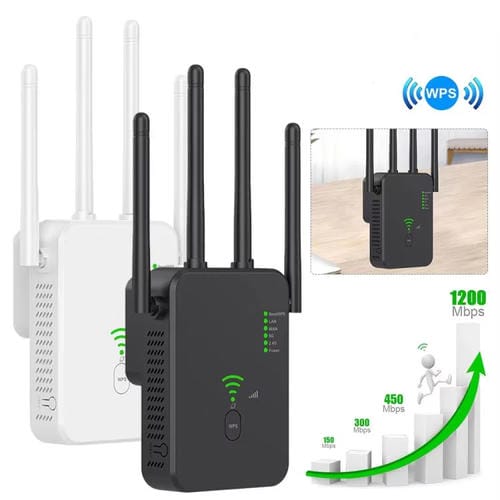 Repetidor Inalåmbrico Urant U10 1200 Mbps 2,4 G y 5,8 G Amplificador Señal WIFI 4 Antenas Enchufe Estadounidense (Negro)