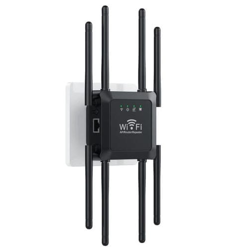 Repetidor Inalåmbrico U18 1200 Mbps 2,4 G y 5 G Amplificador de Señal WIFI 8 Antenas Enchufe Europeo (Negro)
