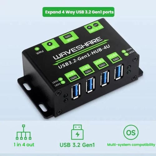 Hub USB WAVESHARE USB 3.2 Gen1 4 vías extensor carcasa metálica (Plata)