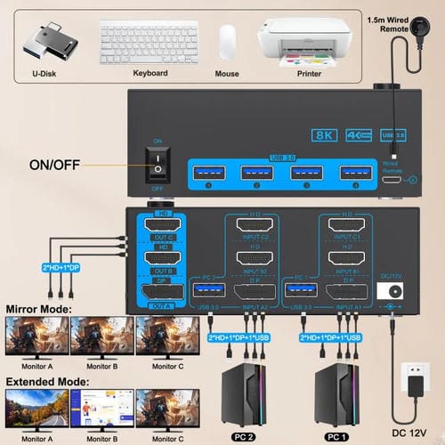 Conmutador KVM USB 3.0 YOUTING KC-KM434B 2 entradas 3 salidas (Blanco)