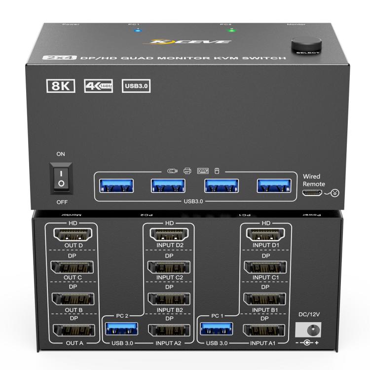 Conmutador KVM KCEVE KC-KVM204D3 HDMI y 3 puertos DP para 4 pantallas y 2 computadoras (Negro)