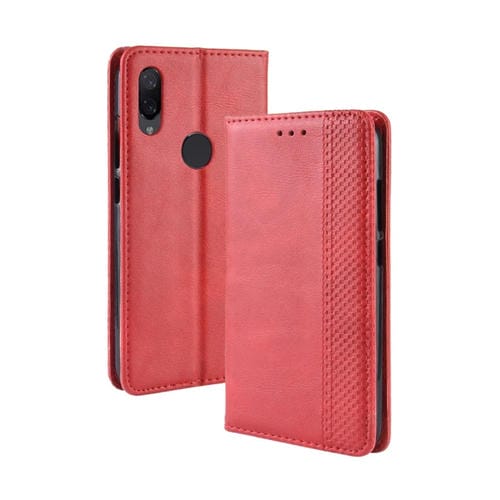 Funda de Cuero con Tapa Horizontal con Textura Retro y Hebilla Magnética para Xiaomi Redmi Note 7, con Soporte, Ranuras para Tarjetas y Billetera (Rojo)