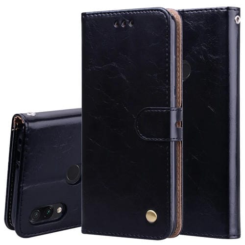 Estuche de Cuero con Tapa Horizontal con Textura de Cera de Aceite de Estilo Empresarial para Xiaomi Redmi Note7, con Soporte, Ranuras para Tarjetas y Billetera (Negro)