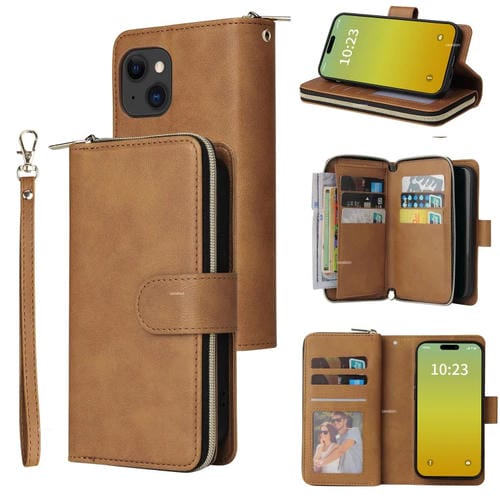 Para iPhone 15 9 Ranuras para Tarjetas Cartera con Cremallera Funda de Cuero para Teléfono (Marrón) - MOVILSTORE