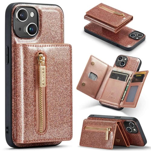 Para iPhone 15 Dg.Ming M3 Series Glitter Powder Card Bag Funda de Cuero para Teléfono (Oro Rosa) - MOVILSTORE