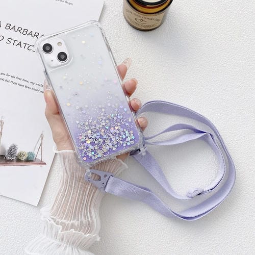 Para iPhone 15 Estuche para TelĂ©fono de AcrĂlico Engrosado de TPU Epoxi con Brillo Degradado y CordĂłn Ancho (PĂșrpura) - MOVILSTORE