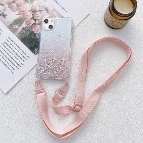 Para iPhone 15 Estuche para TelĂ©fono de AcrĂlico Engrosado de TPU Epoxi con Brillo Degradado y CordĂłn Ancho (Rosa) - MOVILSTORE