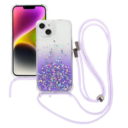 Para iPhone 15 Estuche para TelĂ©fono de AcrĂlico Engrosado de TPU Epoxi con Brillo Degradado y CordĂłn de Cuello Redondo (PĂșrpura) - MOVILSTORE