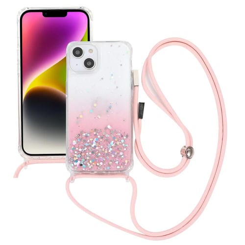 Para iPhone 15 Estuche para TelĂ©fono de AcrĂlico Engrosado de TPU Epoxi con Brillo Degradado y CordĂłn de Cuello Redondo (Rosa) - MOVILSTORE