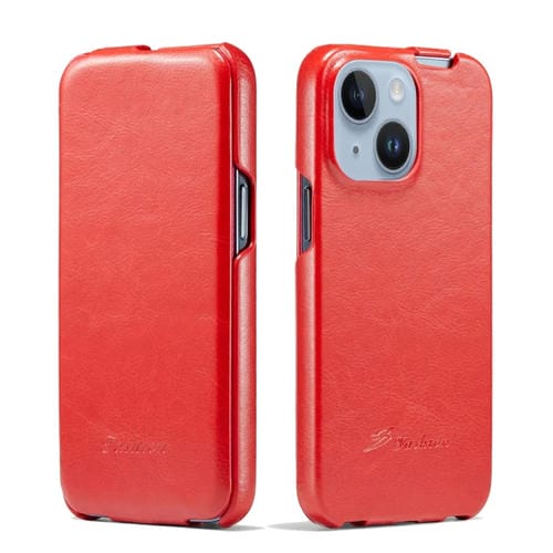 Para iPhone 15 Fierre Shann Oil Wax Texture Funda para Teléfono Pu con Tapa Vertical (Rojo) - MOVILSTORE