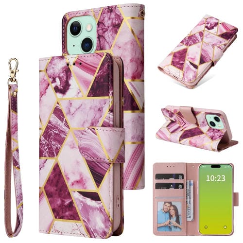 Para iPhone 15 Funda de Cuero con Costuras Bronceadoras de MĂĄrmol (PĂșrpura) - MOVILSTORE