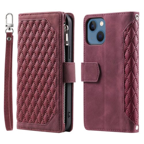 Para iPhone 15 Funda de Cuero con Cremallera y Textura de Rejilla con CordĂłn (Rojo Vino) - MOVILSTORE