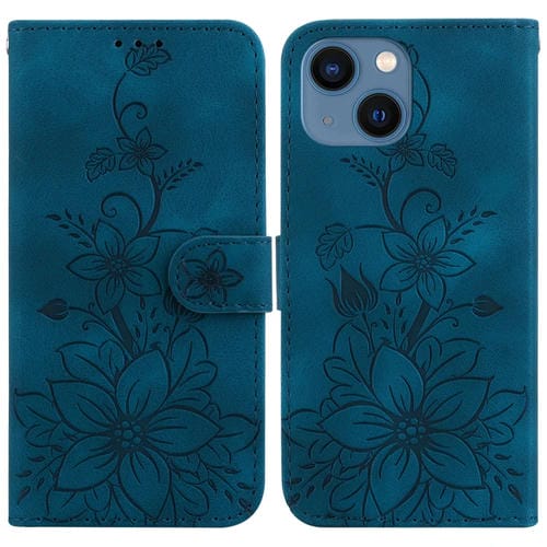 Para iPhone 15 Funda de Cuero con Relieve Lily (Azul Oscuro) - MOVILSTORE