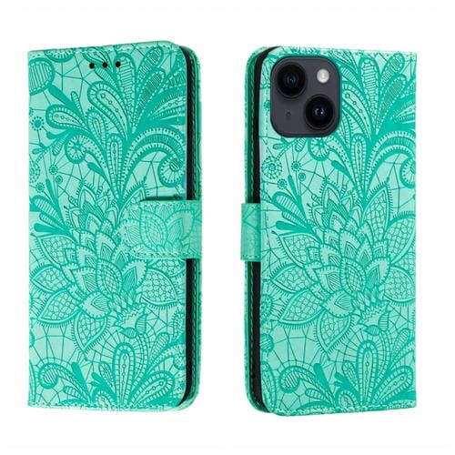 Para iPhone 15 Funda de Cuero con Tapa y Estampado de Flores de Encaje (Verde) - MOVILSTORE
