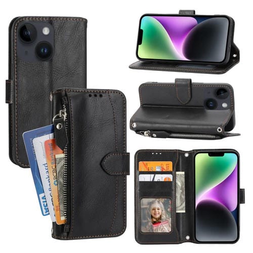 Para iPhone 15 Funda de Cuero para Teléfono con Billetera con Cremallera y Piel de Aceite (Negro) - MOVILSTORE