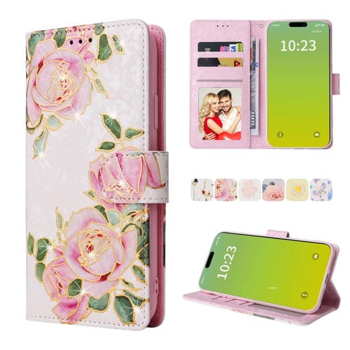 Para iPhone 15 Funda de Cuero Rfid con Pintura Bronceadora (Flor Rosa) - MOVILSTORE