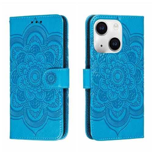 Para iPhone 15 Funda de Teléfono de Cuero con Estampado Sun Mandala (Azul) - MOVILSTORE