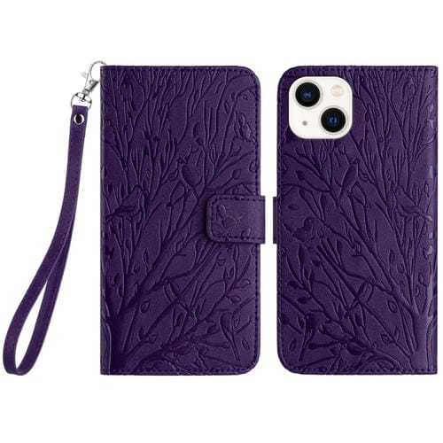 Para iPhone 15 Funda de TelĂ©fono de Cuero con PatrĂłn En Relieve de PĂĄjaros de Ărbol (PĂșrpura) - MOVILSTORE